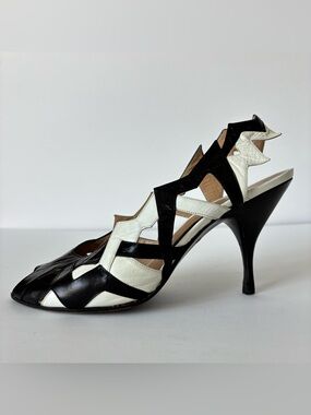 Vintage Maud Frizon Leather M Zig Zag Black And White Slingback Heels 37.5 US 6